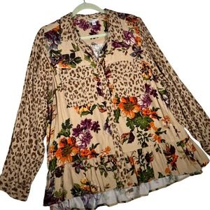 Cato Womens 18/20W Floral Leopard Mixed Print Peplum Button Down Blouse Rayon
